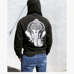 MENS ELEPHANT PRINT BLACK ZIP UP HOODIE